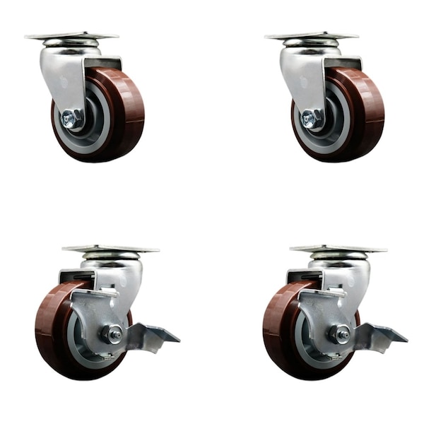 Tool Box Caster Wheel Set 4'' Maroon Polyurethane Swivel Casters, 4PK
